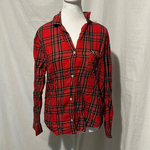 Victoria's Secret red green yellow white plaid oversized pajama top size small - Picture 1 of 3
